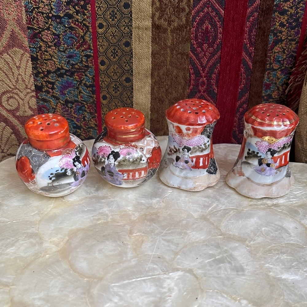 Vintage Japanese Salt and Pepper Shakers, hand painted Geisha and landscape